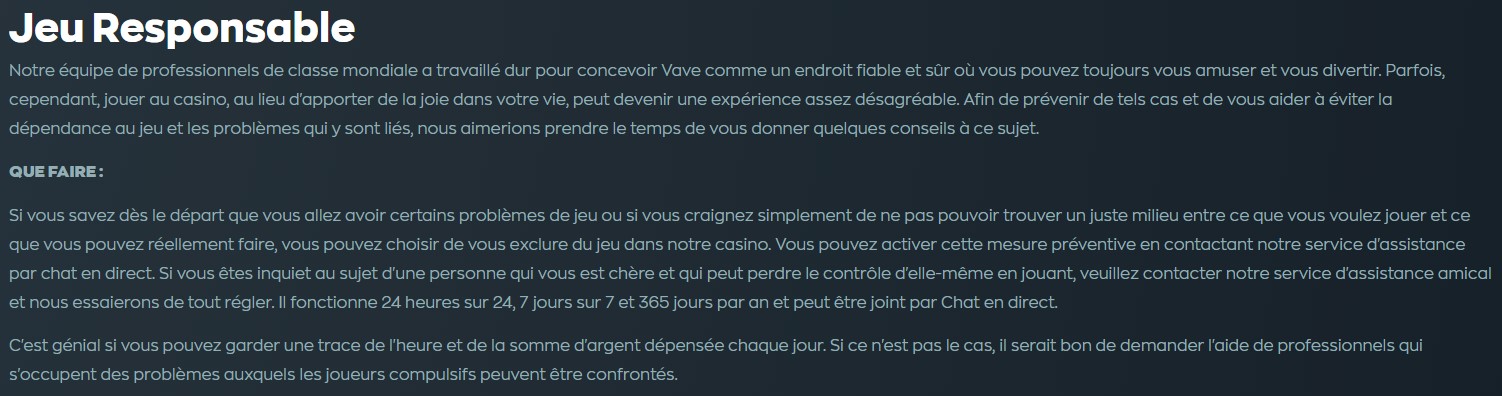 Jeu responsable casino Vave